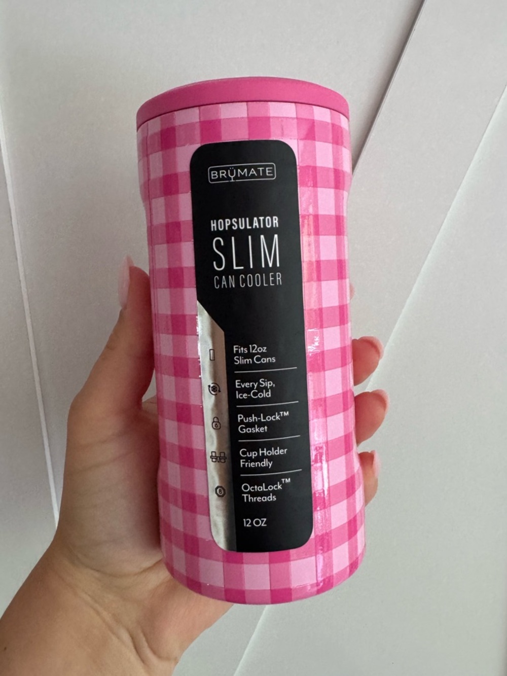 Brumate Pink Gingham Slim Can Cooler